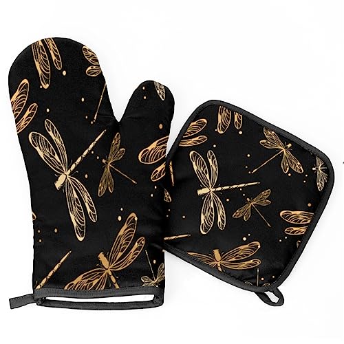 Golden Dragonflies Oven Mitts And Pot Holders Set 10.6 Inch Long Oven Mits Mittens Heat Resistant Potholders Oven Gloves Hot Pad For Baking Cooking Kitchen Grilling Bbq Gifts 4 Piece Set #TOP6