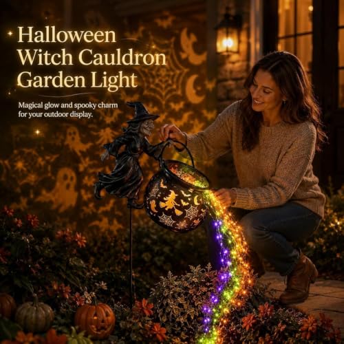Caldero de bruja de Halloween para jardín con luces LED de cascada colorida 3