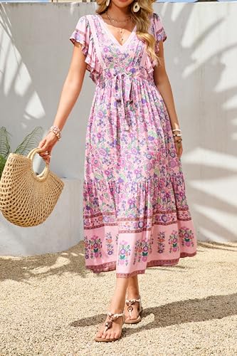 R.Vivimos Womens Summer 2025 Boho Floral Print V Neck Short Sleeve Drawstring Tie Casual Flowy Midi Dress3