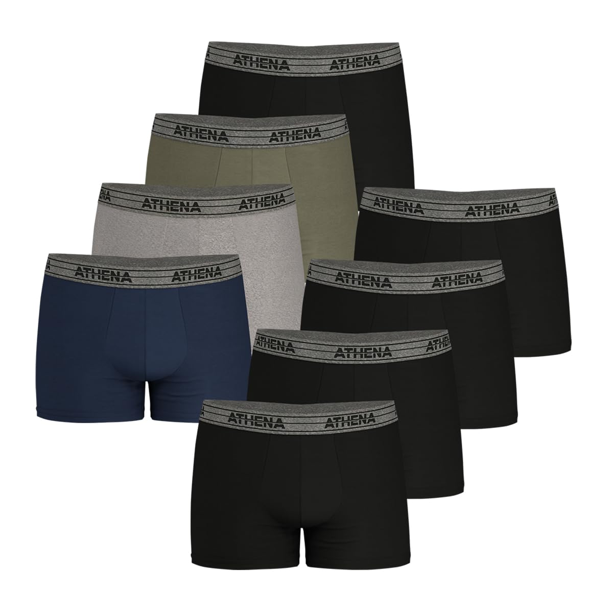 Athena Men's Boxer Shorts (Pack of 8), Black/Black/Black/Black/Navy/China Grey/Khaki/Black, L