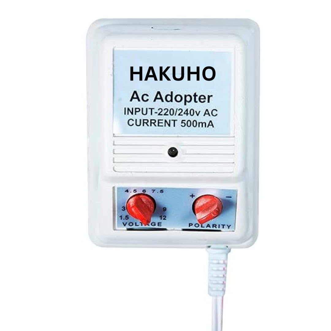 hakuho multi-volt dc adapter regulator power supply [500ma] - 220-240v input, 1.5v to 12v output, multi-purpose charger with polarity change & on/off switch (white)
