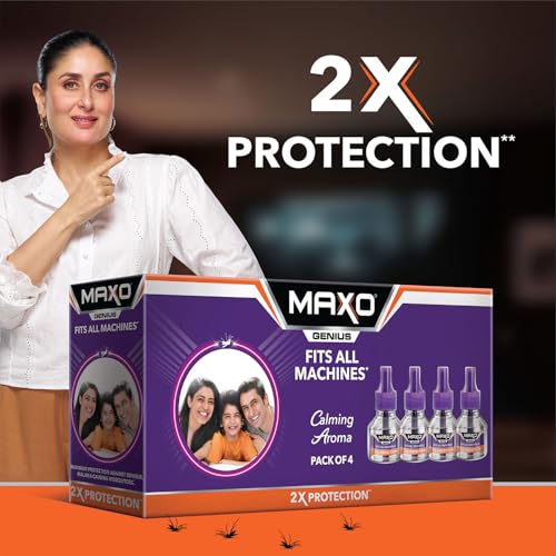 Image of Maxo Genius Mosquito Repellent Liquid Refill 45ml x 4 | Vaporizer Refill Fits All Machines | 2X Protection From Dengue & Malaria Mosquitoes | Calming Aroma Fragrance