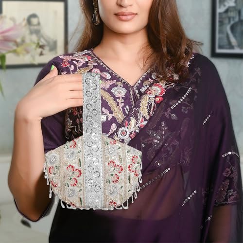 Image of Nevis Stylish Embroidery Unique Design Traditional Wedding Party Handheld Potli Bag for Women (Silver)