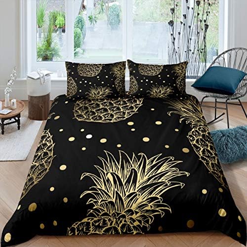 Feelyou Pineapple Bedding Set Black Gold Pineapple Printed Duvet Cover Set for Kids Boys Girls Polka Dot Decoration Comforter Cover Luxury Quilt Cover Bedroom Collection 3Pcs King Size