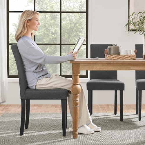 Image of Yaheetech Dining Chairs Set of 2 Fabric Upholstered Parson Kitchen Chairs with Padded Seat and Solid Wood Legs for Dining Room /Restaurant, Dark Gray