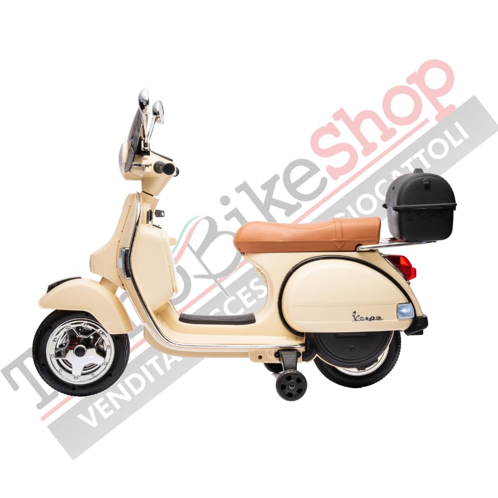 Tecnobike Shop Moto Elettrica per Bambini Piaggio Vespa PX 150 12v Full Parabrezza e Bauletto Luci Suoni LED Mp3 (Crema)