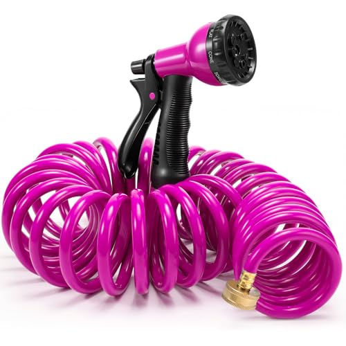 Therwen 25 ft Recoil Garden Hose Self-coiling Lightweight Water Hose with 3/4 Brass Connector and 8-pattern Spray Nozzle Kink-free Spiral Hoses for Rv Boat Balcony and Car Washing