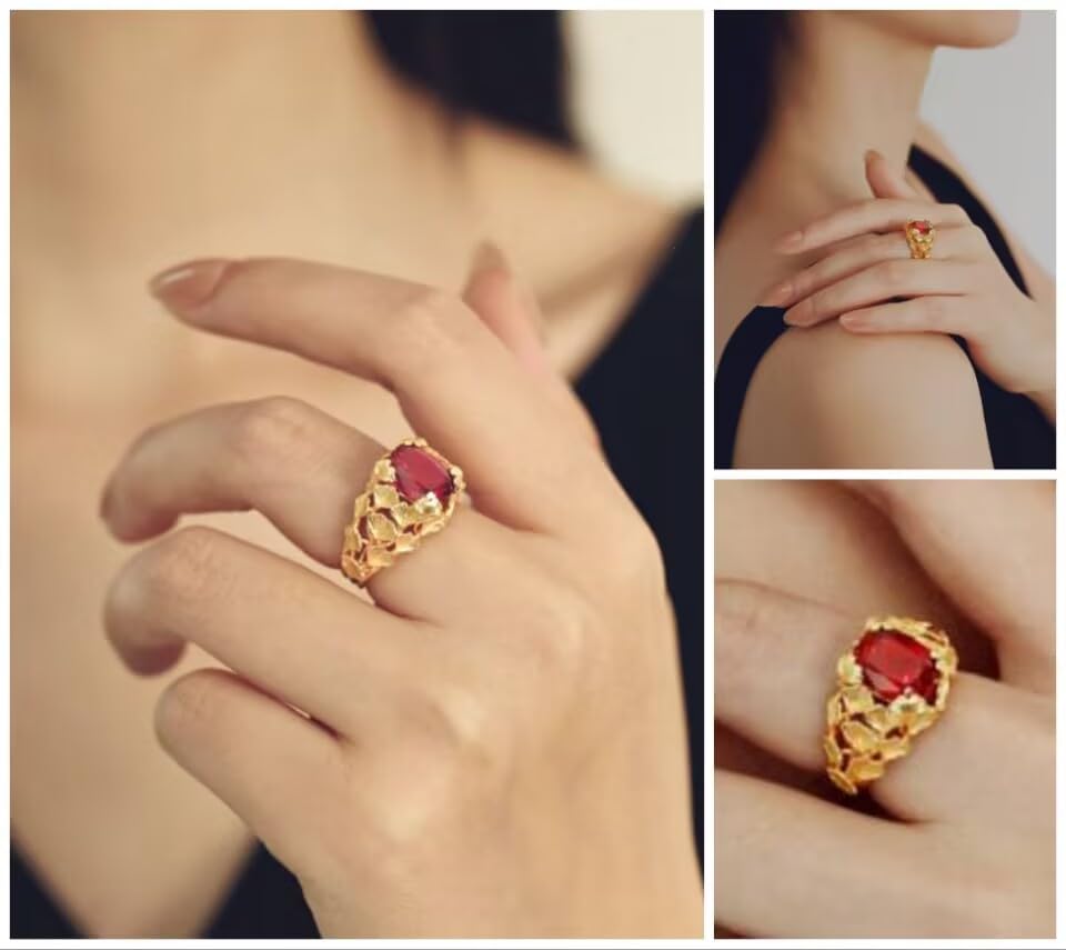 Ginkgo Leaf Ruby Gold Rings for Women, 3.95ct Lab-Grown Ruby Ring in 24K Gold Plated 925 Sterling Silver, Red Gemstone Ring Fine Jewelry, Cocktail Ring for Women Anniversary Birthday Gift for her3