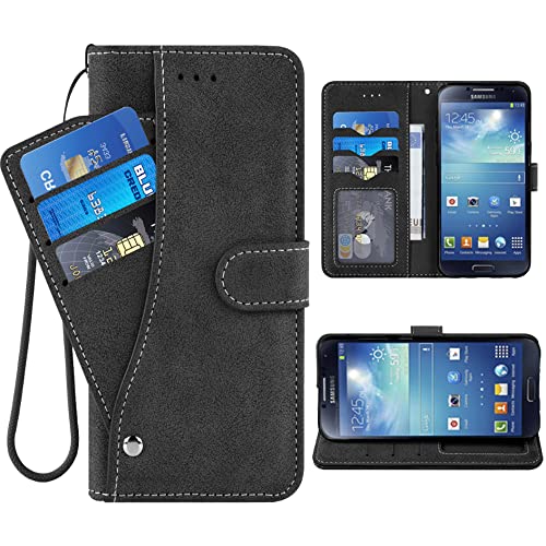 ELISORLI Compatible with Samsung Galaxy S4 Wallet Case Wrist Strap Lanyard Leather Flip Card Holder Stand Cell Accessories Full Body Phone Cover for Glaxay S 4 Gaxaly 4S Galaxies GS4 I9500 Men-Black