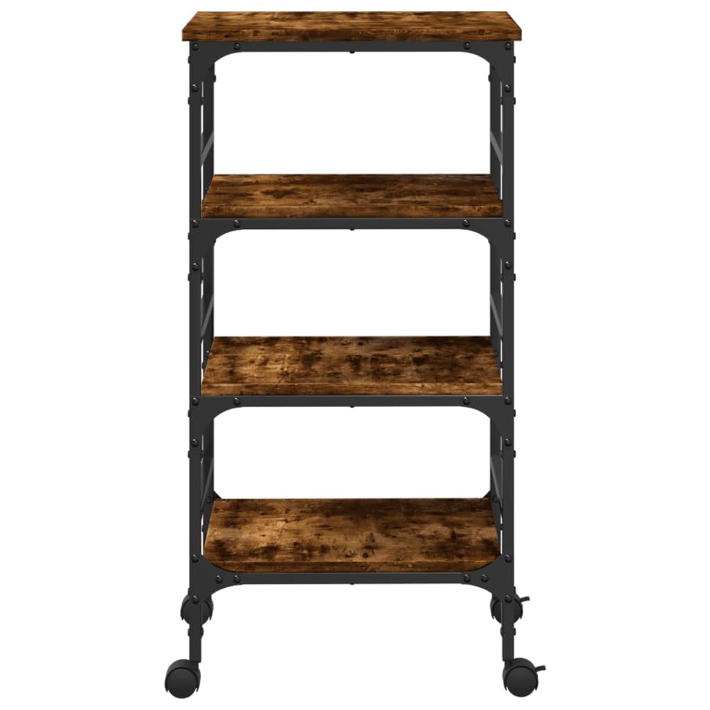 Carro de cocina de roble ahumado de madera y acero, 45 x 35 x 89,5 cm, carro de servicio con ruedas y frenos, espacio de almacenamiento para cocina, salón, baño, estudio
