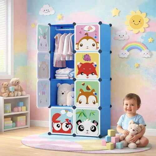 Image of Mevigo Foldable Plastic Wardrobe for Clothes - 8- Door Baby Cupboard for Clothes Storage, Wardrobe for Kids, Plastic Almirah, Collapsible Wardrobe for Kids Livingroom & Home- Blue-HK