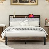 Sweetcrispy Queen Bed Frame with Headboard, Storage Headboard with USB Charging Station, Durable Squeak-Free Frame, Simple No-Tool Assembly,Works with Queen Mattress No Box Spring Needed