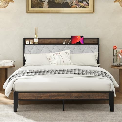 Sweetcrispy Queen Bed Frame with Headboard, Storage Headboard with USB