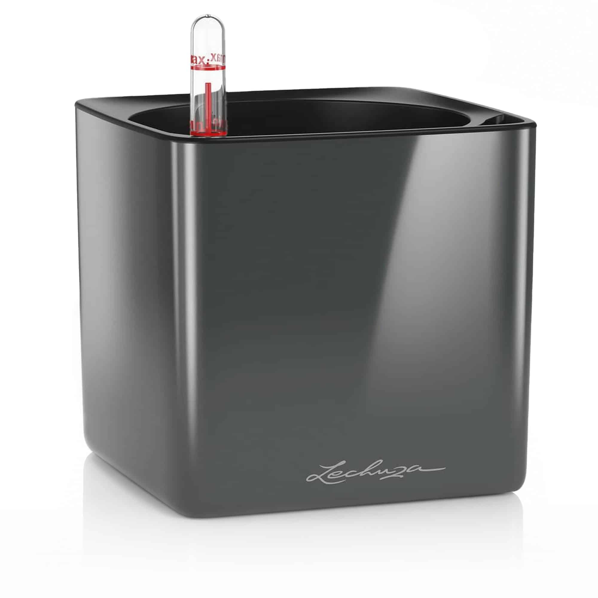 LECHUZA Cube, 16 maceta de riego automático, pequeña, maceta para interiores sin agujeros de drenaje, poliresina, H16 L17 W17 cm, color carbón brillante