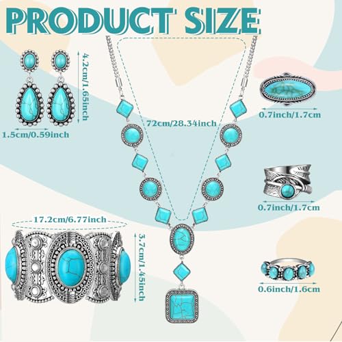 Image of Ecally Bohemian Western Jewelry Turquoise Set Women Country Pendant Long Choker Layered Bracelets Earrings Ring for Women