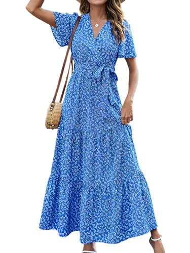 Image of MASCOMODA Women Boho Swiss Dot Maxi Dresses Wrap V Neck Flutter Short Sleeve Solid Tie Waist A Line Tiered Flowy Long Dresses