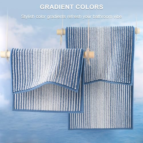 BSICPRO Bathroom Rugs and Mats Sets, 2 Piece Thick Absorbent Chenille Bath Mat Rug Set Non Slip, Soft Shaggy Bath Room Floor Mats for Bathroom, Machine Washable (Sky Blue, 24" x 70" Plus 20" x 32")