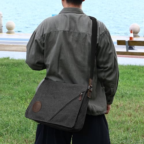 Eshow Umhängetasche Herren 13 Zoll Wasserabweisend, Laptoptasche Messenger Bag aus Echtleder und Canvas, Arbeitstasche Schultertasche Vintage für Arbeit Uni Freizeit Büro Schwarz