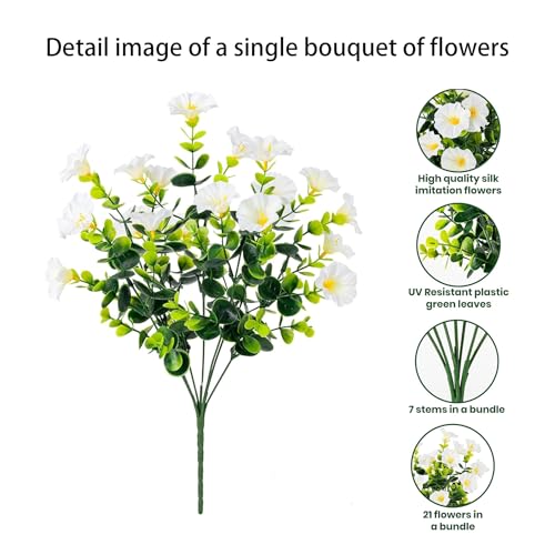 Artificial Flowers for Outdoors16 Bundles of UV-Resistant Silk Morning Glory with Eucalyptus-Realistic Faux Plants as Perfect Filler for Home Planter Porch & Garden Decor (White) image 6