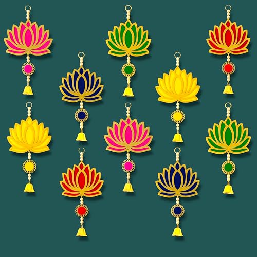 Image of Rajasthan Kraft Handmade Pack of 10 Colorful MDF Lotus Hanging with Pom Pom & Bell Traditional Wall Decor for Makar Sankranti, Lohri, Wedding Decoration Multicolor Lotus Decor 8 Inch (RK-H-199-10)