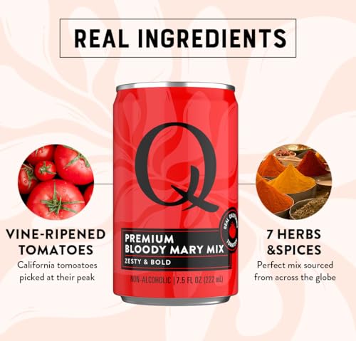 Image of Q BLOODY MARY MIX, Real Vine-Ripened Tomatoes with 7 Herbs & Spices - Ideal for Cocktails & Mocktails - Made with Real Ingredients & Less Sweet - 30 Calories per Serving - 7.5 Fl oz Cans (Pack of 24)