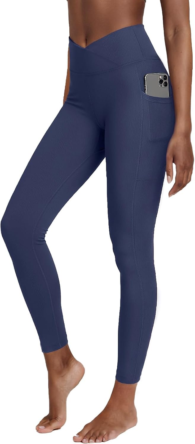 AARYA Women's Ribbed Leggings with Pockets, Cross Front High Waist Compression Workout Yoga Pants Gym Clothes, 25 inch