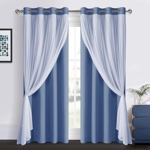 Image of DWCN Blue Blackout Curtains with Sheer Overlay with Tiebacks 84 Inch Long | Mix & Match Double Layer Window Panels for Bedroom Living Room Drape, Grommet Top, 52 inch Wx84 inch L, Hazy Blue, Set of 2