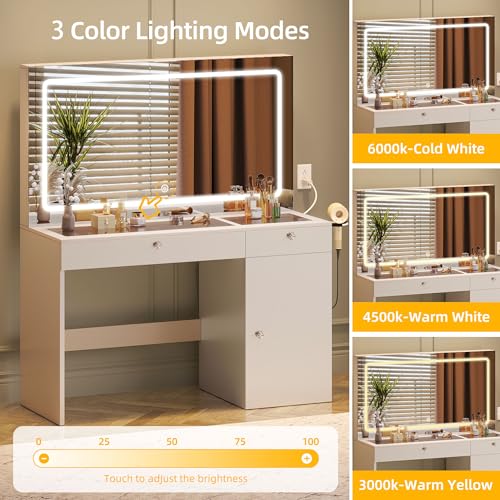 DWVO 47" W Vanity Desk with LED Light and Power Outlets, Large Makeup Vanity with Dividers and Hair Dryer Rack, 3 Level Storage Dresser Makeup Vanities Dressing Table for Bedroom, White