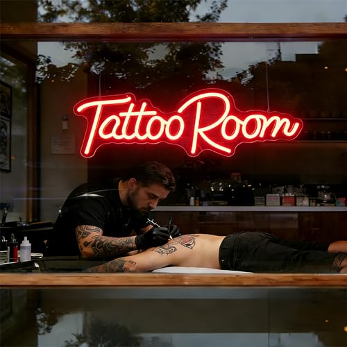 Image of Tattoo Salon LED Neon Sign | 16.5x5.8 Inch Dimmable Wall Decor Light USB Powered Shop Window Light Up Sign, Gifts for Tattoo Artists