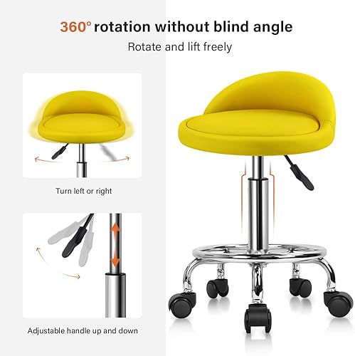 Vista 11 de KKTONER Taburete rodante redondo de cuero sintético con reposapiés, altura ajustable, giratoria, trabajo, spa, silla de tareas con ruedas (negro)