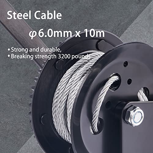 TYT 3200LB Hand Crank Winch with Steel Cable, Mounting Base 7.55in x 3.93in Boat Trailer Winch with Hook, Heavy Duty Two Way Ratchet Manual Gear Winch for Towing Pulling Boat Trailer RV Jet Ski Winch - Image 5
