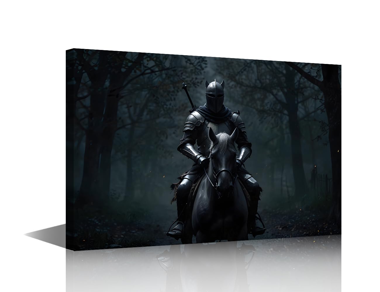 Canvas Art Decor Knight in the Dark Forest Poster Prints Crafts Dark Styles Framed Canvas Paintings Wall Decorations Knight Pictures Paintings Artwork Framed Stretched Ready to Hang(24" Wx16 H)