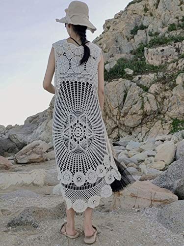 Anna-Kaci Women's Crochet Long Vest Boho Sleeveless Kimono Dress Swimwear Cover up3
