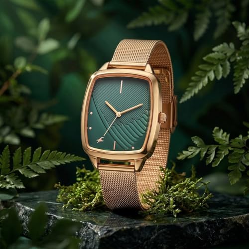 Image of Fastrack Wild Bird Feather Dark Green Dial Rose Gold Stainless Steel Strap Watch for Women - 6321WM04