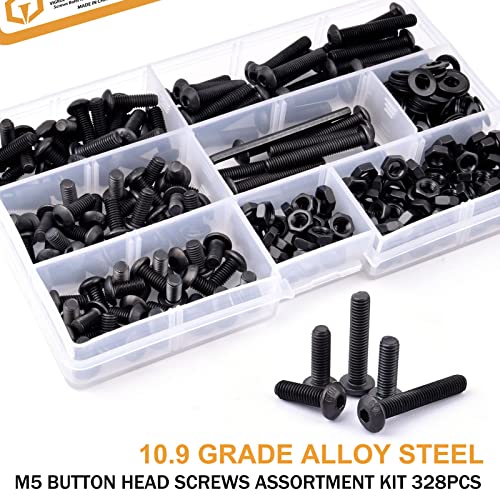 Vigrue M5 X 10/12/16/25/30/35Mm Button Head Screws, 328Pcs 10.9 Grade Alloy Steel M5 Hex Socket Cap Machine Screws Bolts Nuts Washer Assortment Kit #TOP6