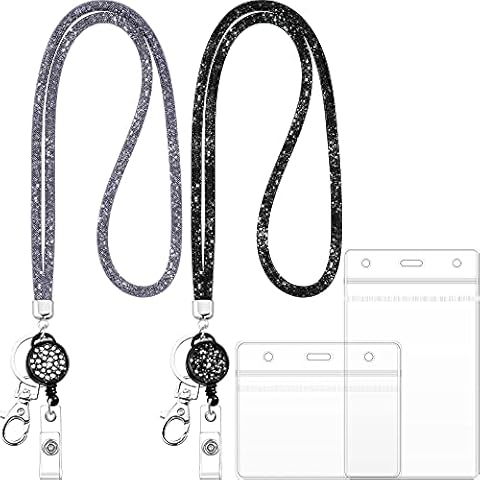 Crystal Lanyard Necklace 2 Pieces Lanyard Key Holder Bling Rhinestone Neck Strap with 2 Transparent ID Card Holder and Keychain Lanyard Strap with Clear Badge Holders for Keys, ID Badge Cover