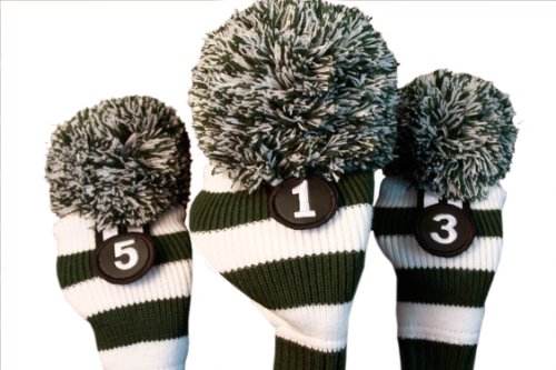 Majek Golf Club Head Covers: Green & White Limited Edition Long Neck Knit Retro Pom Pom Traditional Classic Vintage Old School Ultimate Driver Fairway Wood Golf Head Cover Set Michigan State Colors