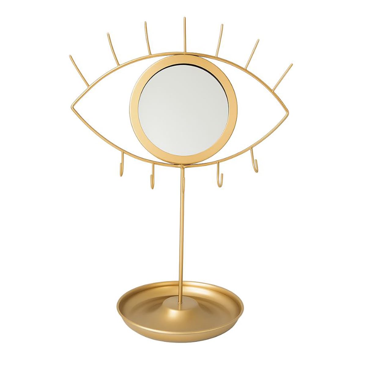 SIBY Golden Eye Shaped Tabletop Mirror with Jewelry Holder for Dresser Vanity Table | Decorative Mirror Stand with Hooks and Round Tray-image-33