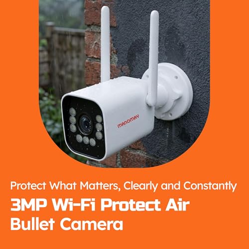 Image of MANOMAY Protect Air 3MP WiFi Bullet Security Camera, BIS-ER STQC Certified Outdoor CCTV, 10X Digital Zoom, Color Night Vision, AI Human Detection, 2-Way Audio, IP66 Waterproof, Alexa,256GB MemoryCard