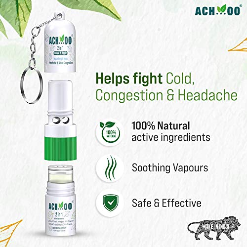 Image of ACHOO 2 In 1 Inhaler and Roll On Relief From Cold, Cough, Blocked Nose, Headache and Breathing difficulty | Cold & Nasal Congestion With 100% Natural Active Ingredients (Pack of 2)