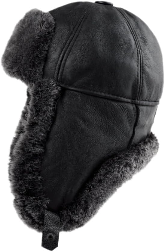 Leather Aviator Russian Ushanka Trapper Shearling Sheepskin Fur Ear Flap Waterproof Winter Hat