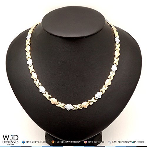14K Gold Tri-Tone Hearts, Hugs & Kisses Xo Necklace 17.5" #TOP7