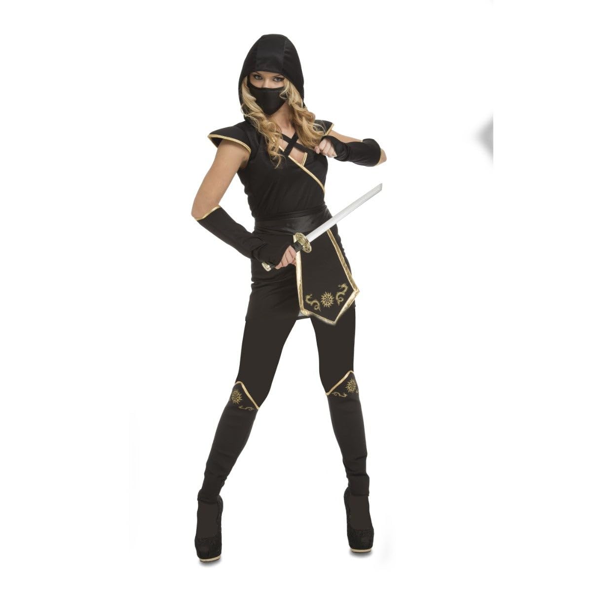 My Other Me - Disfraz Ninja Mujer. Incluye vestido con capucha y máscara negro, cinturón, manguitos y polainas negro con bordes dorados. ¡Conviértete en una guerrera sigilosa!