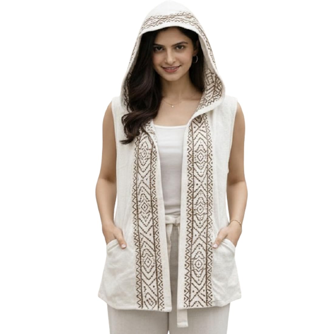 Women's Hooded Sleeveless Vest Jacket, Off-White with Geometric Embroidery, Open Front-image-11