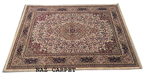 Image of Kashmiri Traditional Woollen Carpet with Advanced 1 Inch Thickness & Classical Look 150x200cm (5x7 Feet) Color Ivory