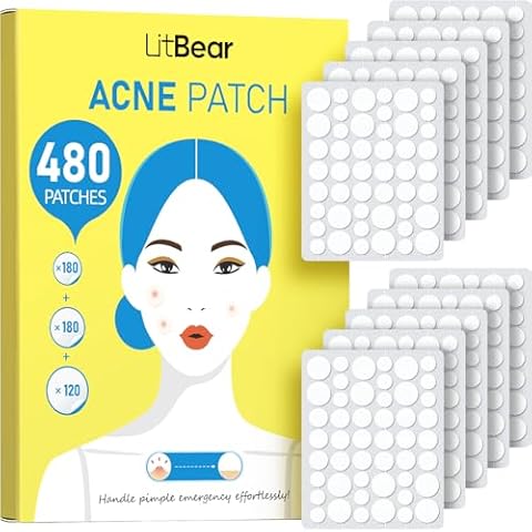 LitBear Pimple Patch Bulk, 480 Patches 3 Size Acne Patches for Face, Hydrocolloid Spot Stickers for Covering Zits, Blemishes, and Breakouts, Suitable for All Skin Types Cover