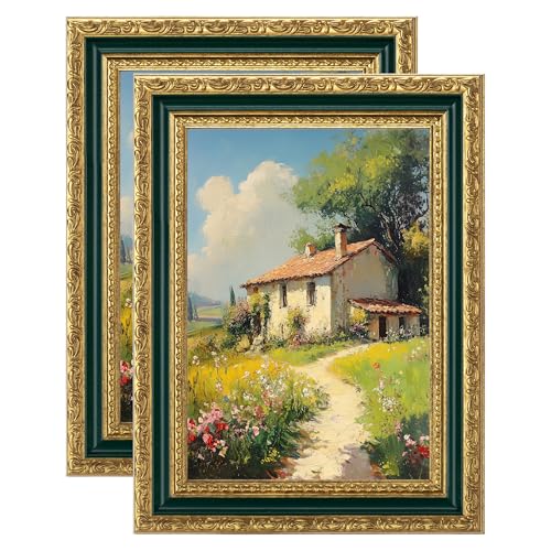 Image of eletecpro 5x7 Vintage Picture Frame, Glass Cover, Green Gold, 2-Pack | Display Photo 4x6 with Mat or 5x7 without, Horizontal or Vertical, Tabletop or Wall Decor