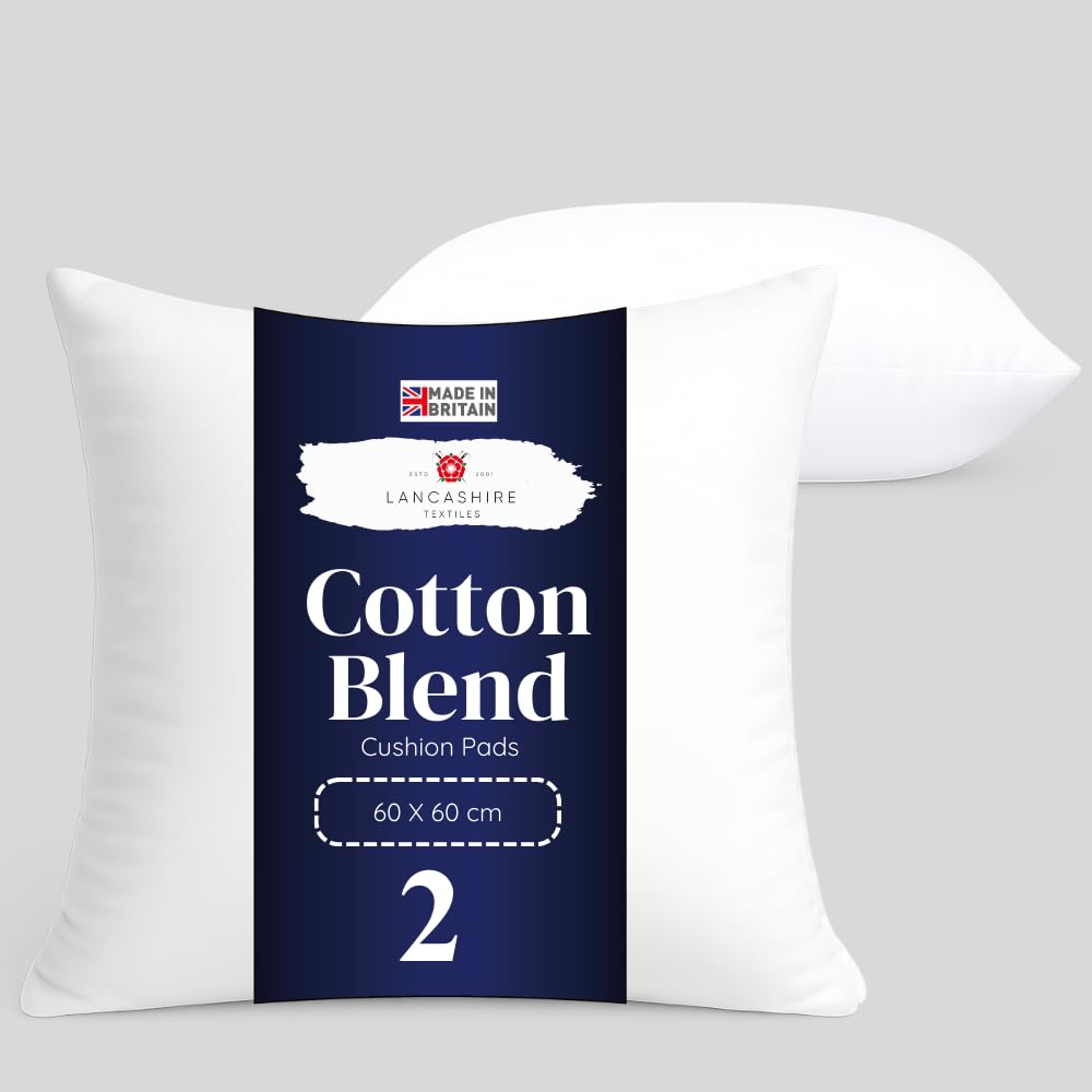 Lancashire Textiles Pack Of 2 2 Pack Luxury 24" X 24" (60 X 60Cm) Cotton Blend Cushion Pads With Super Bounce Polyester Fibre, Made Of Finest British Materials