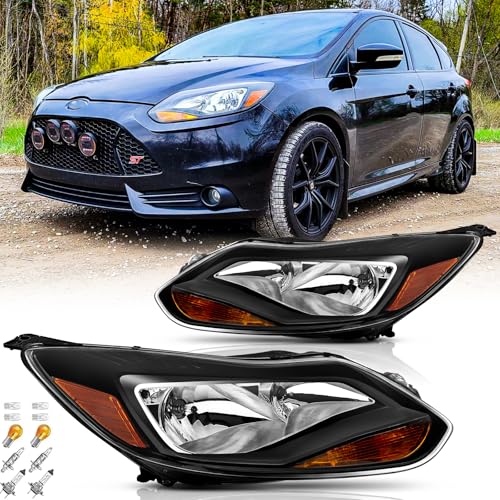 Headlights Assembly with Bulbs for 2012 2013 2014 Ford Focus (3rd Gen Pre-Facelift) Halogen Headlamps Replacement Driver and Passenger Side Pair (LH RH),Black Housing Amber Reflector