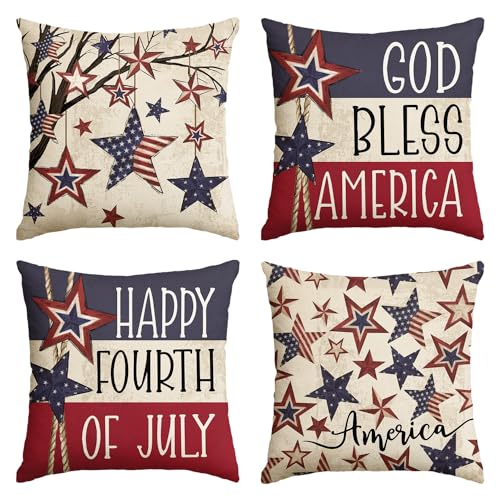 AVOIN colorlife God Bless America Stars Tree Throw Pillow Covers, 18 x 18 Inch 4th of July Patriotic Independence Memorial Day USA Flag Cushion Case for Sofa Couch Set of 4